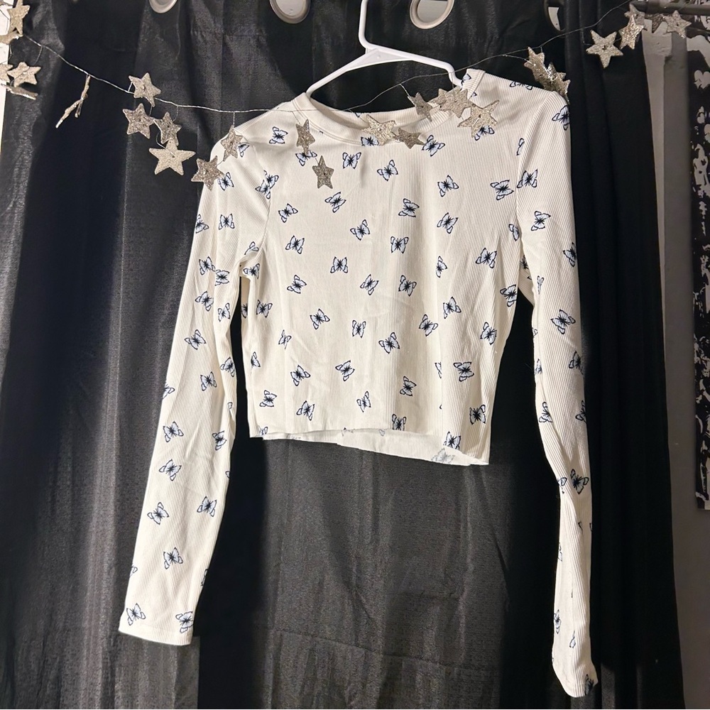 White Cropped Long Sleeve Top with Blue Butterfly Print